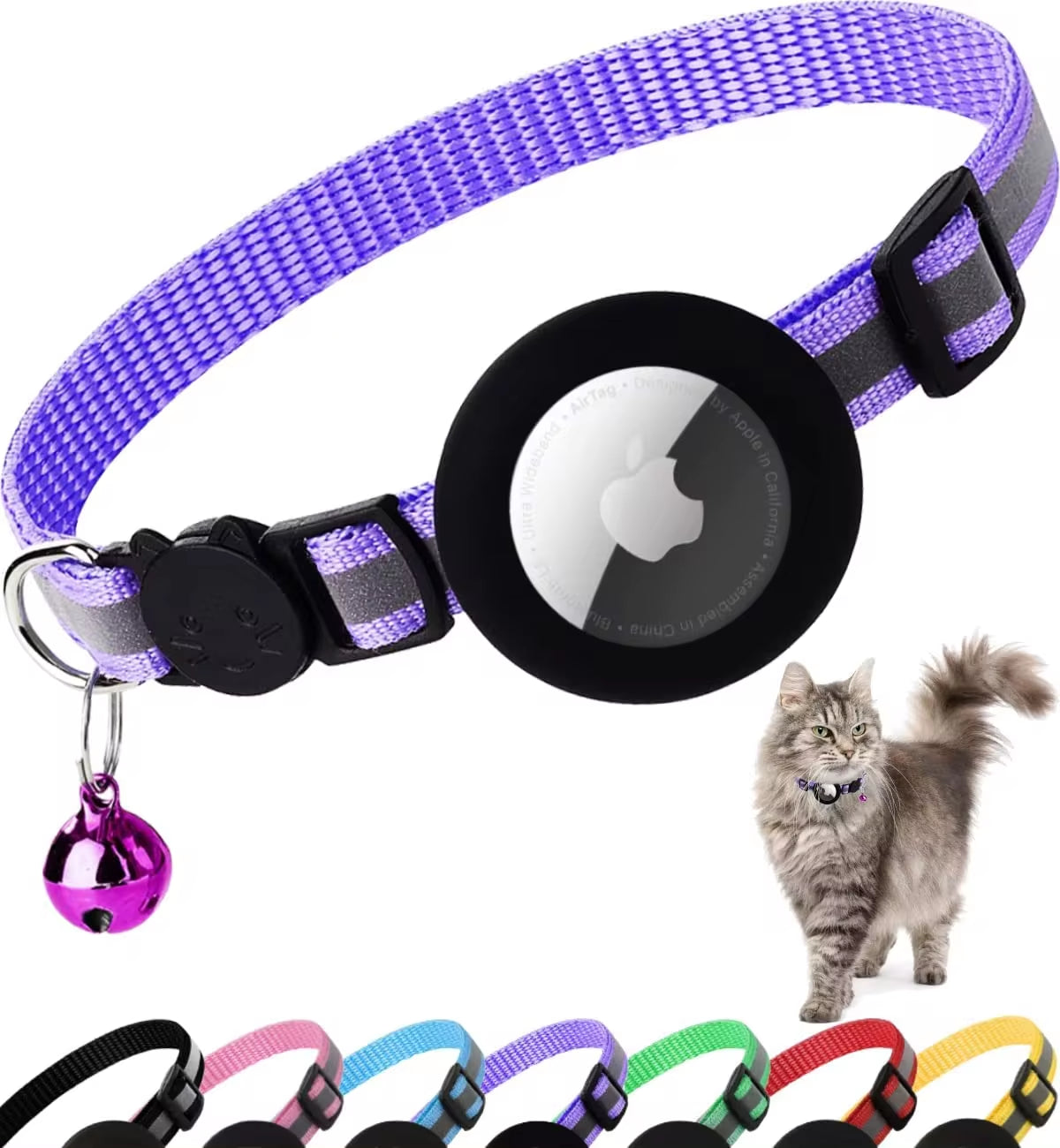 Airtag Cat Collar - Follow Your Cat's Location! Reflective Cat Collar with Apple Air Tag Holder & Bell