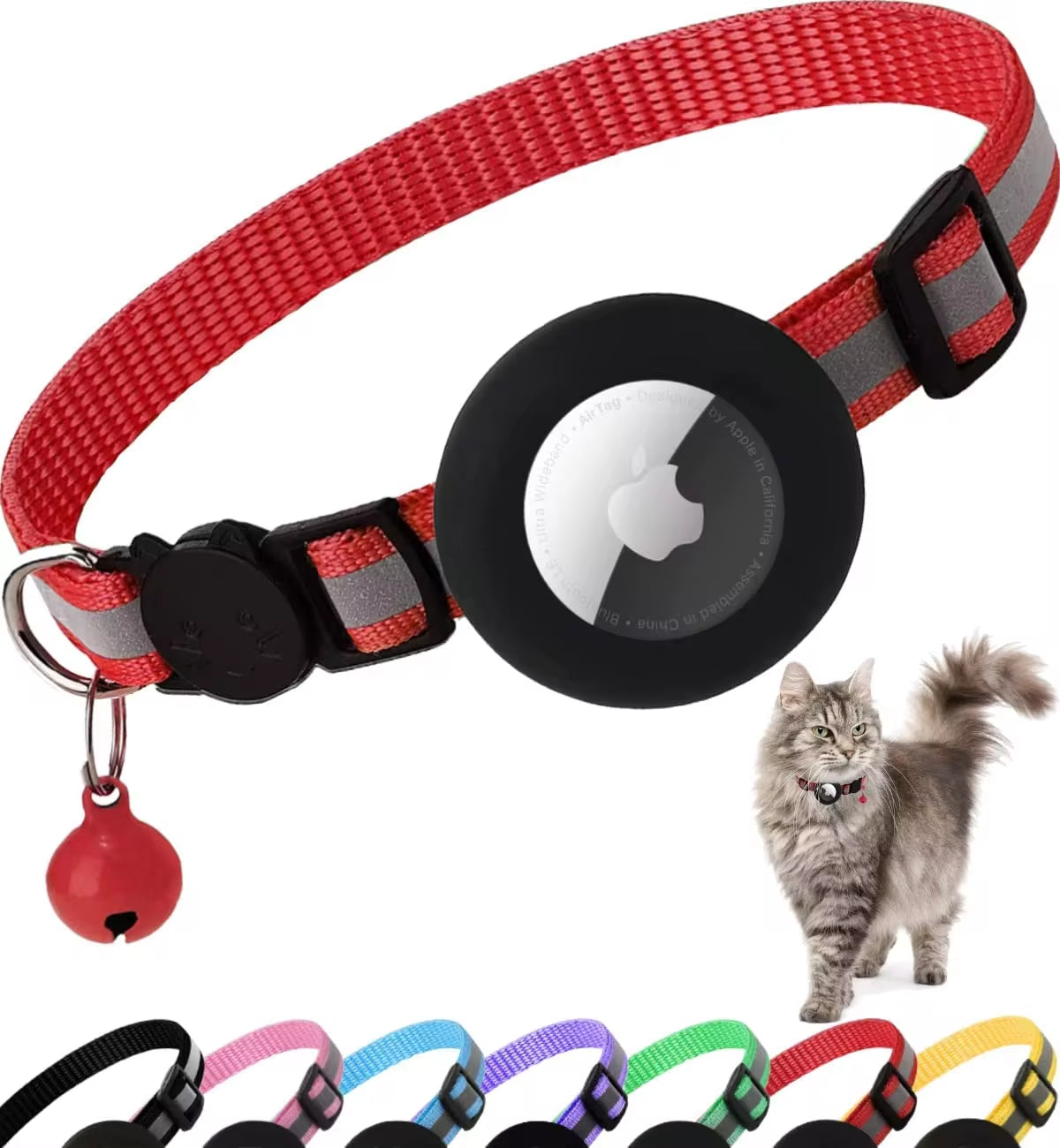 Airtag Cat Collar - Follow Your Cat's Location! Reflective Cat Collar with Apple Air Tag Holder & Bell