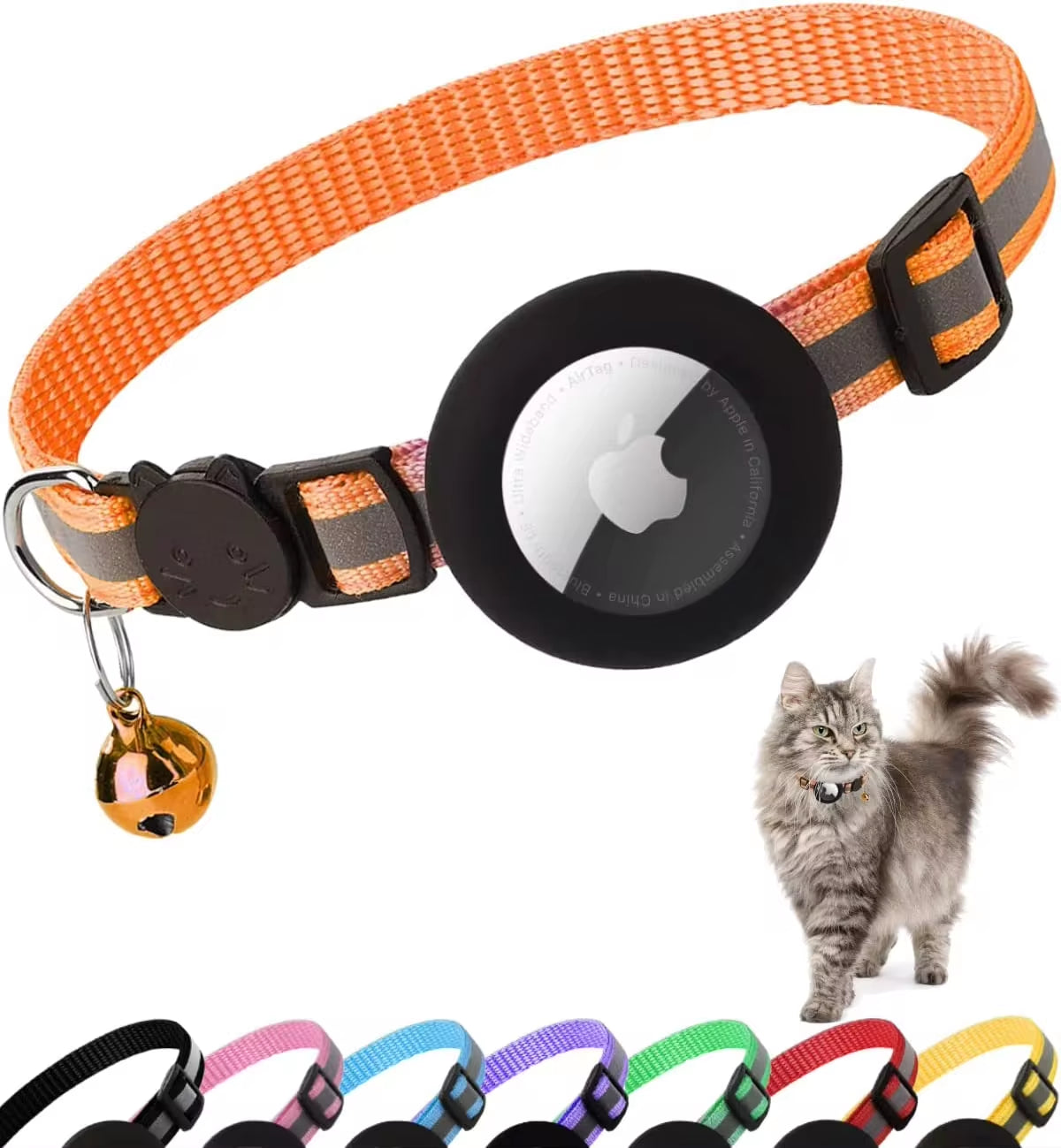 Airtag Cat Collar - Follow Your Cat's Location! Reflective Cat Collar with Apple Air Tag Holder & Bell