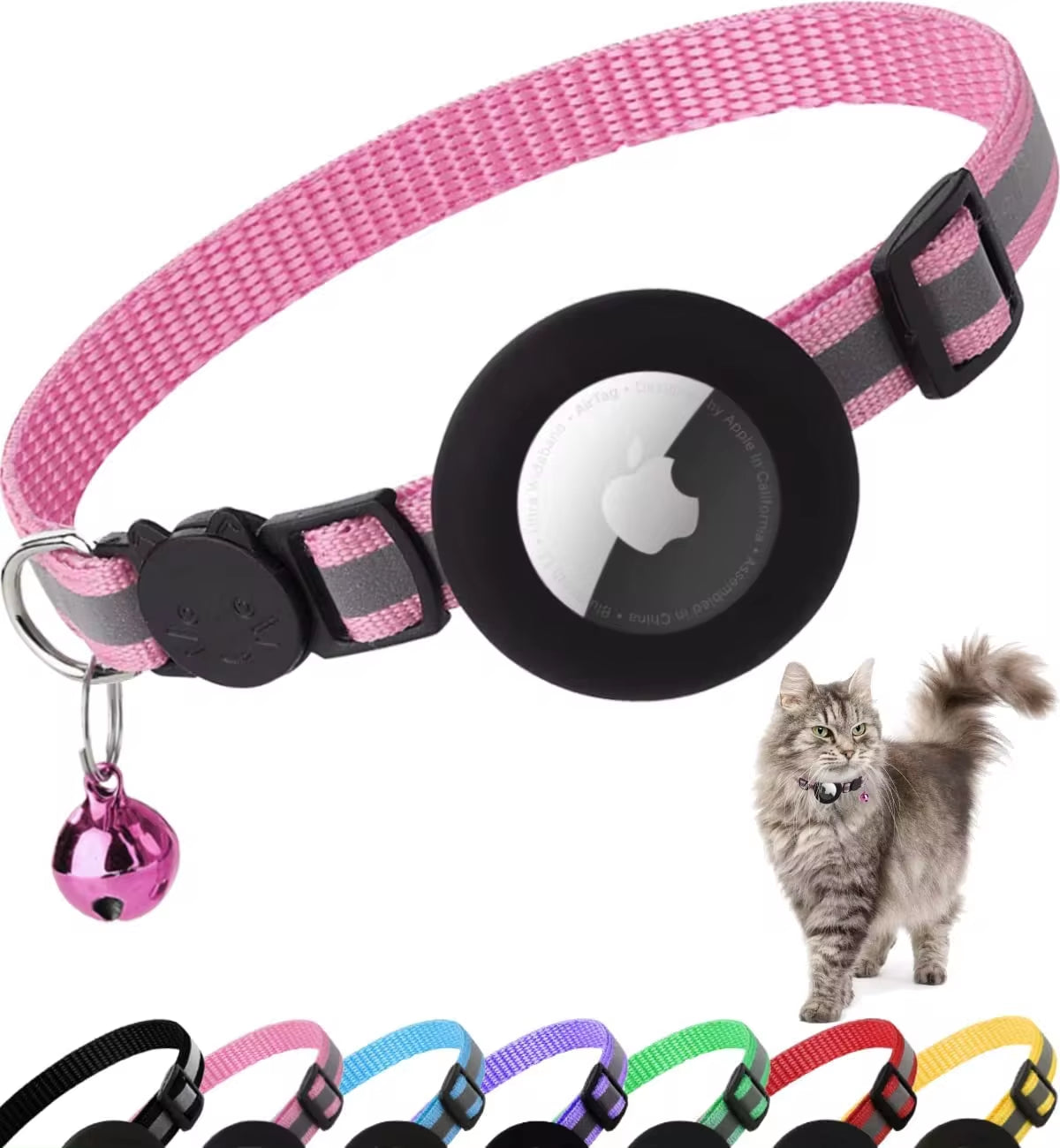 Airtag Cat Collar - Follow Your Cat's Location! Reflective Cat Collar with Apple Air Tag Holder & Bell