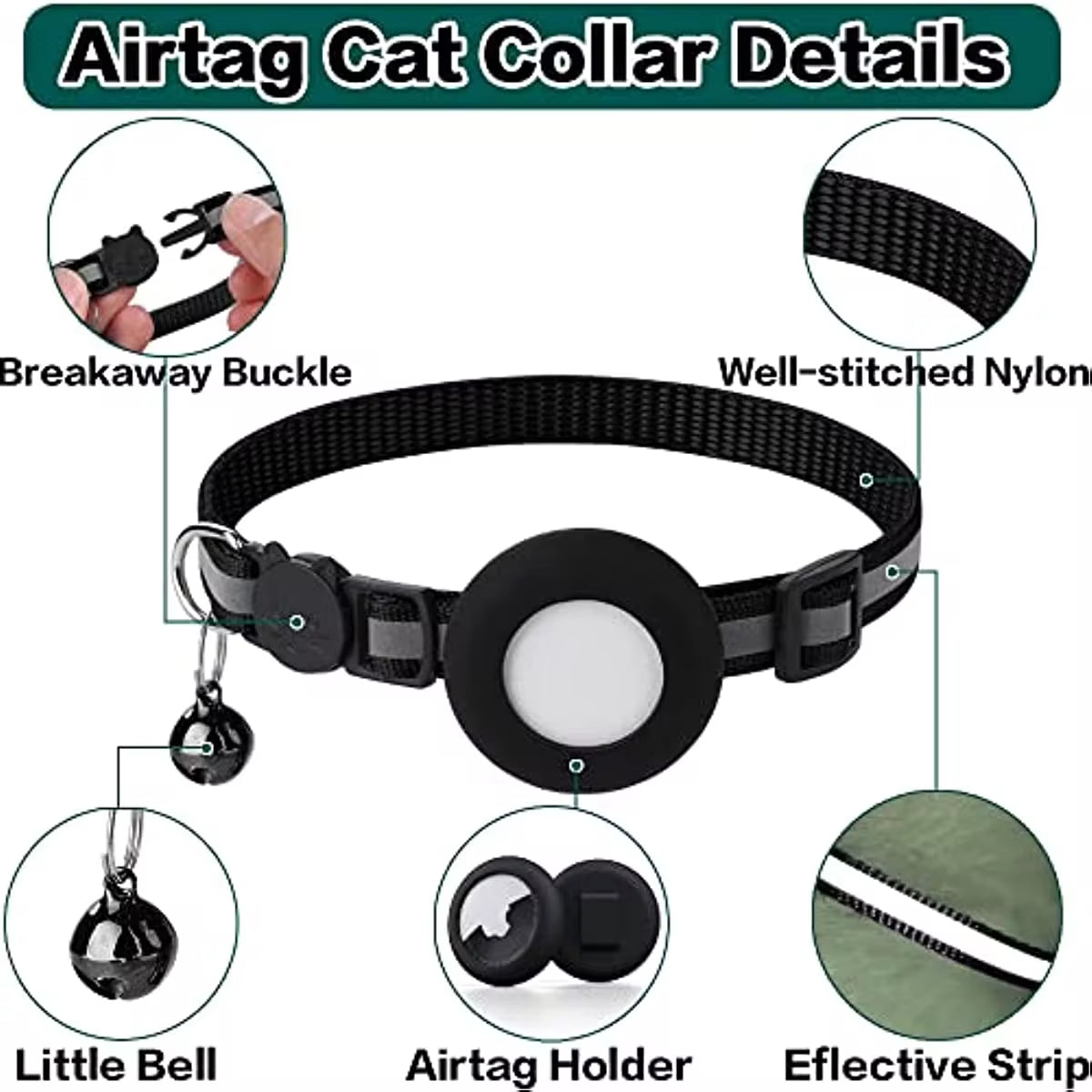 Airtag Cat Collar - Follow Your Cat's Location! Reflective Cat Collar with Apple Air Tag Holder & Bell