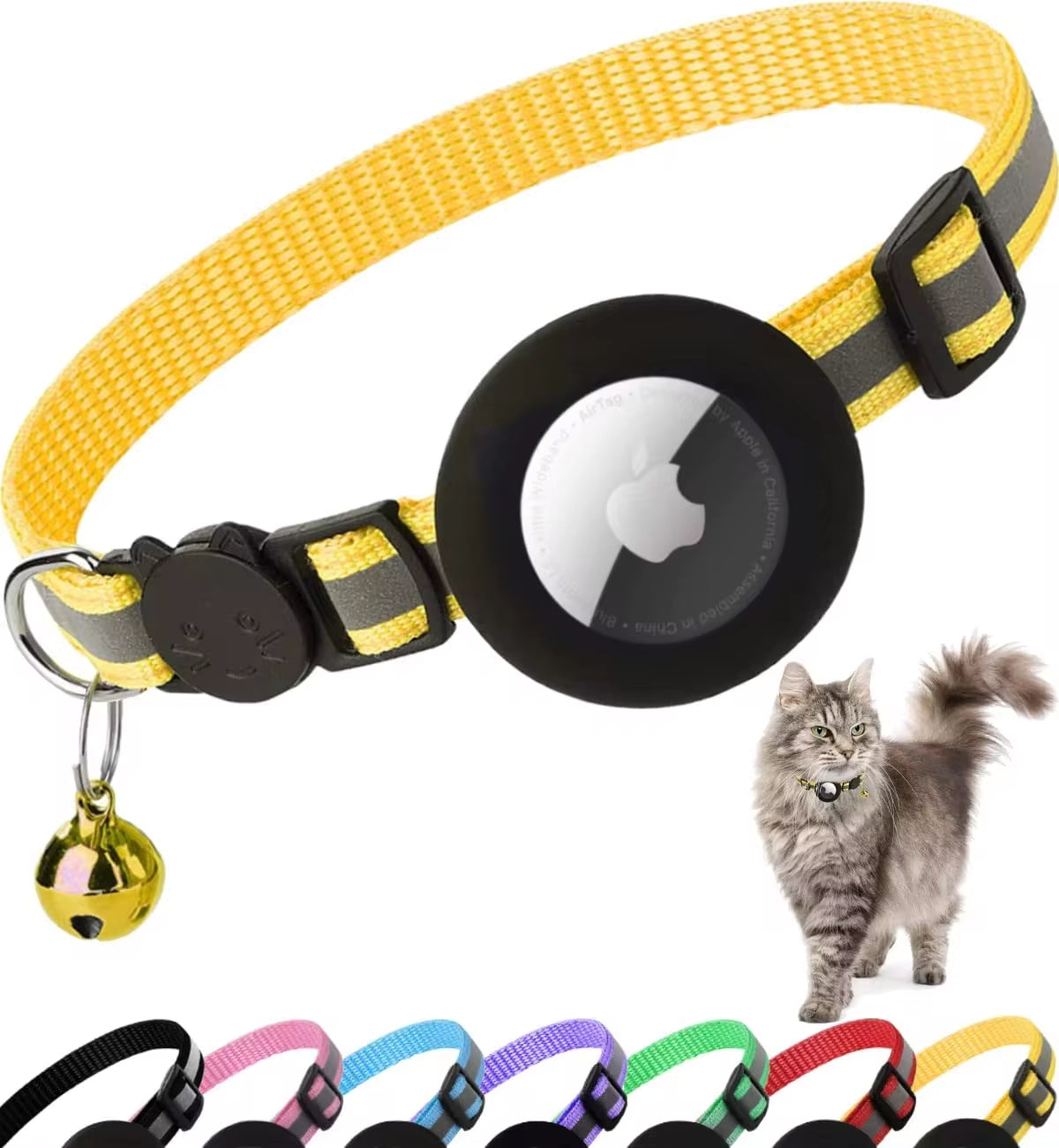 Airtag Cat Collar - Follow Your Cat's Location! Reflective Cat Collar with Apple Air Tag Holder & Bell