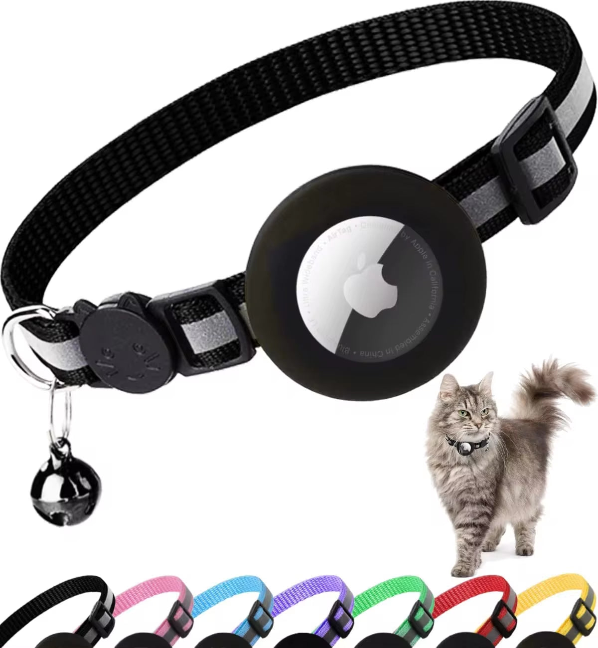 Airtag Cat Collar - Follow Your Cat's Location! Reflective Cat Collar with Apple Air Tag Holder & Bell