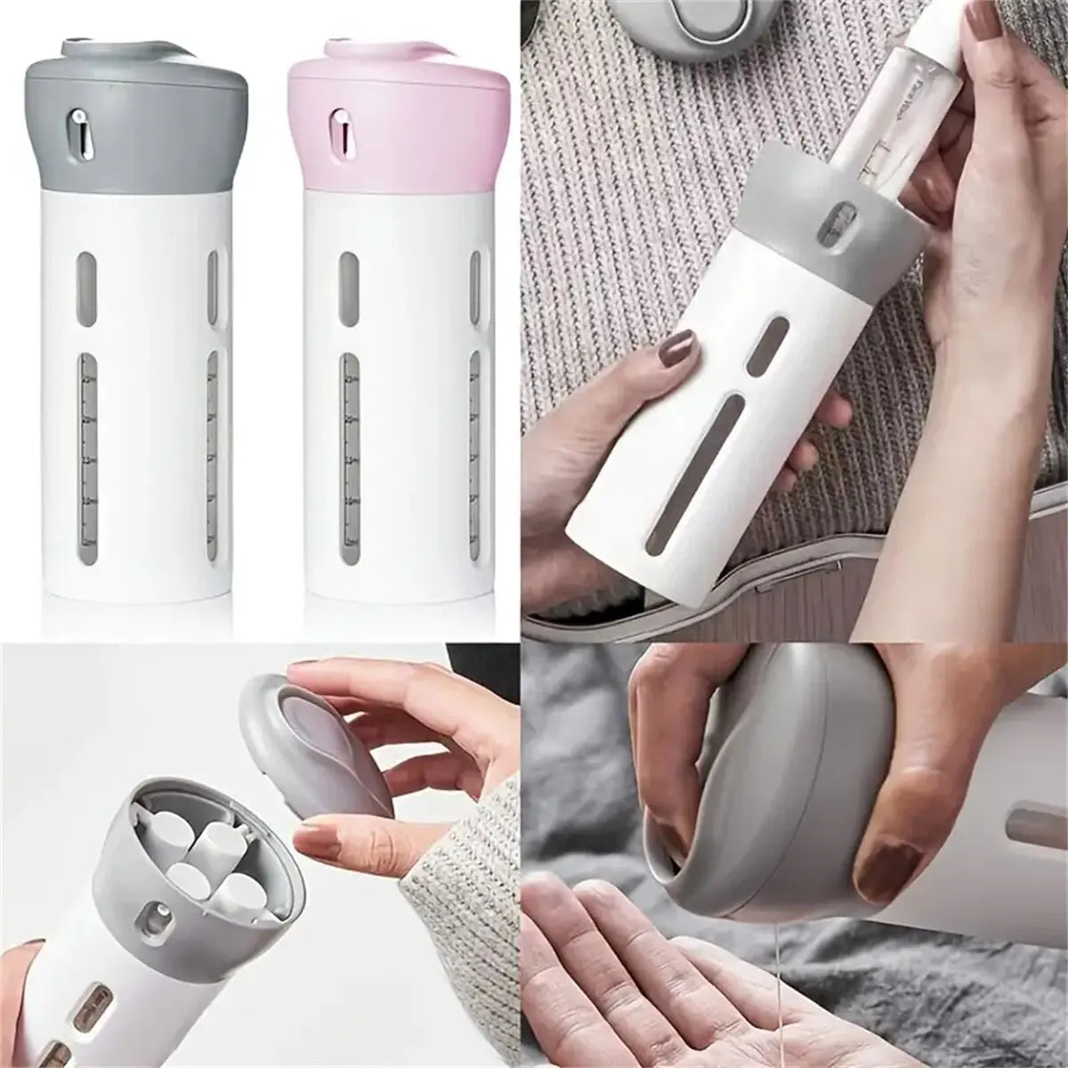 4 in 1 Portable Travel Liquid Dispenser Bottle Refillable Leakproof Travel Container for Perfume Shampoo Conditioner Lotion